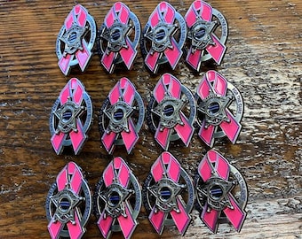 Thin Blue Line Law Enforcement for the Cure Pink Ribbon 5 Point Star Lapel Pin- 12 PACK