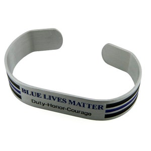 Blue Lives Matter Duty, Honor, Courage Thin Blue Line Metal Cuff Bracelet | 5 Pack