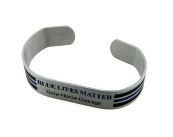 Blue Lives Matter Duty, Honor, Courage Thin Blue Line Metal Cuff Bracelet | 5 Pack