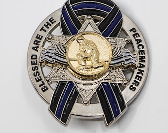 Blessed are the Peacemakers Thin Blue Line Ribbon Memorial Mini Badge Metal Pin-  6 Point Star