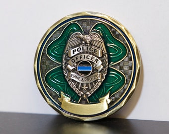 Lucky St Michael Protect Us Irish Clover Challenge Coin- Police Officer 1.75 inch Coin in a Round Protective Case