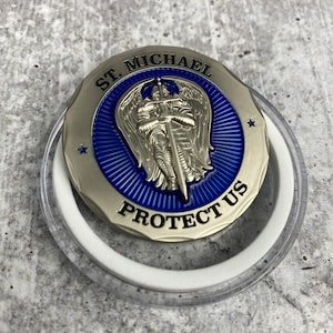 St Michael Protect Us Police Officer Prayer Challenge Coin Perfect For Police Appreciation or Police Week.  Translucent blue enamel.