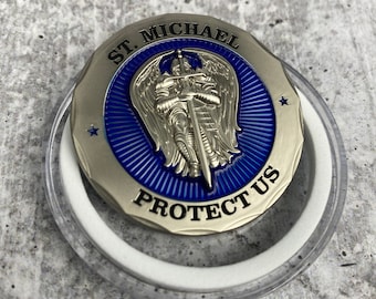 St Michael Protect Us Police Officer Prayer Challenge Coin Perfect For Police Appreciation or Police Week.  Translucent blue enamel.