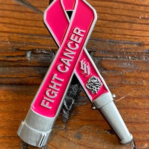 Fight Cancer Black Helmet Pink Fire Hose Firefighter Pin- Show Your Support For The Cure.