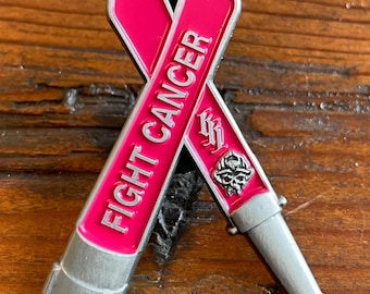Fight Cancer Black Helmet Pink Fire Hose Firefighter Pin- Show Your Support For The Cure.