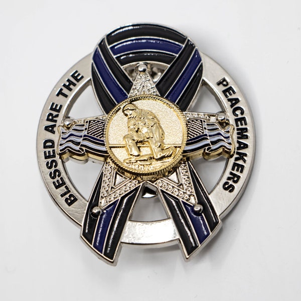 Blessed are the Peacemakers Thin Blue Line Ribbon Memorial Mini Badge Metal Pin-  5 Point Star