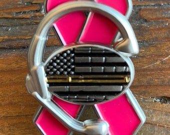 Thin Gold Line Flag Dispatcher and 911 Communications 3D Headset Pin -Pink Ribbon Perfect Pin to Wear Around All Year.