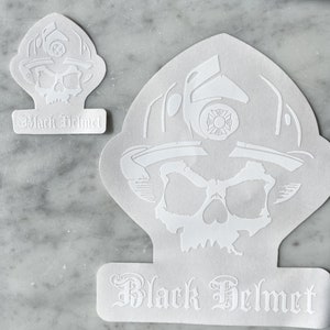 Black Helmet &quot; Skull Logo&quot; Two Vinyle White Transfer Decals-  Helmet and Truck Decal in 1 Pack