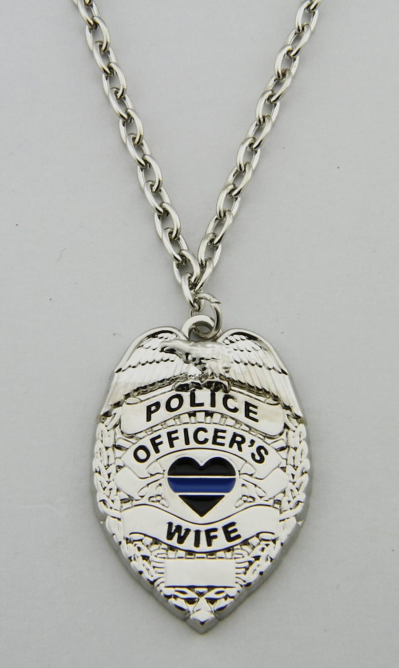 Police Officer's Wife Thin Blue Line Heart Badge Pendant With Adjustable Silver Chain image 1