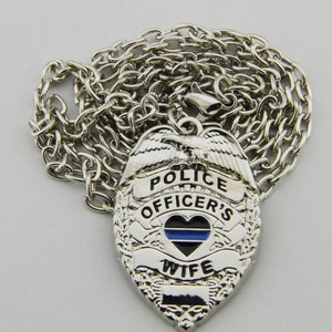 Police Officer's Wife Thin Blue Line Heart Badge Pendant With Adjustable Silver Chain image 2