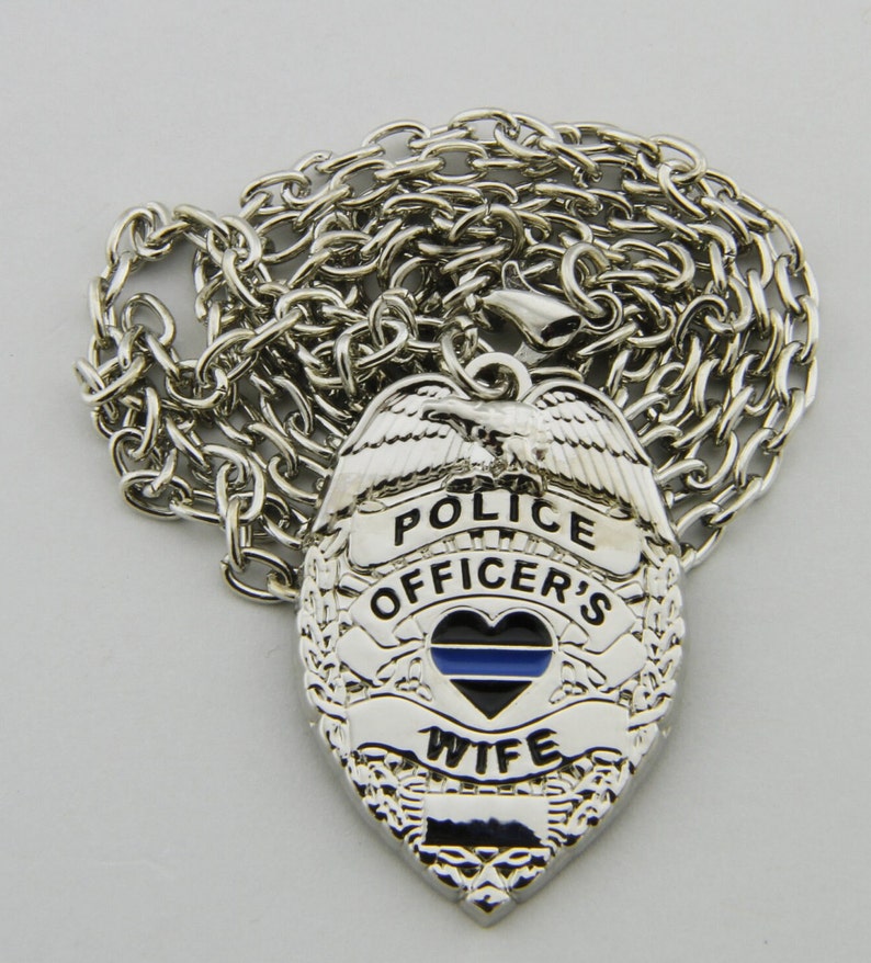 Police Officer's Wife Thin Blue Line Heart Badge Pendant With Adjustable Silver Chain image 2