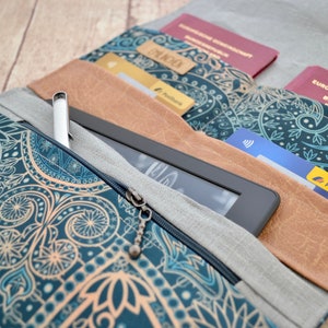 May include: A teal and cream patterned travel wallet with a zipper closure. The wallet is open and contains a passport, credit cards, and an e-reader.