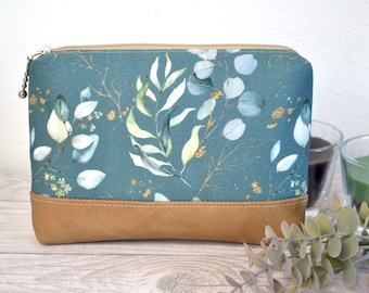 petite trousse à maquillage, trousse de voyage, imprimé eucalyptus, motifs variés