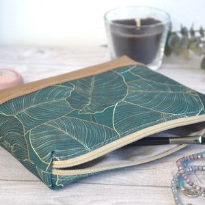 small cosmetic bag, travel case, leaf pattern, emerald green image 10