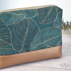 small cosmetic bag, travel case, leaf pattern, emerald green metallic/bronze