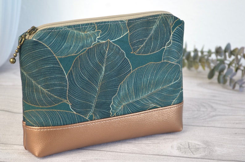 small cosmetic bag, travel case, leaf pattern, emerald green metallic/bronze
