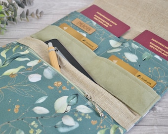 Travel case, for vaccination records and passports, eucalyptus print, petrol