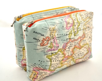 small cosmetic bag, travel case, world map fabric, water-repellent