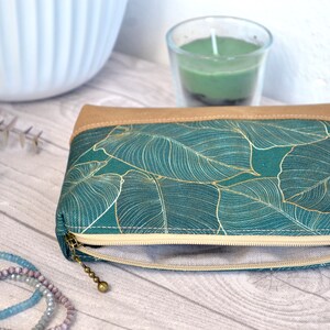 small cosmetic bag, travel case, leaf pattern, emerald green image 4