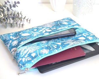 Bag for e-reader, turquoise floral, cosmetic bag, travel case