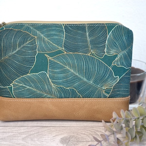 small cosmetic bag, travel case, leaf pattern, emerald green