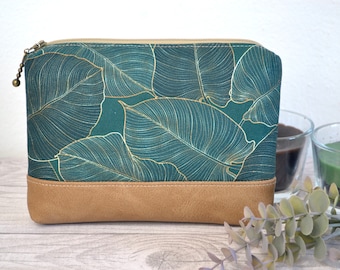 small cosmetic bag, travel case, leaf pattern, emerald green