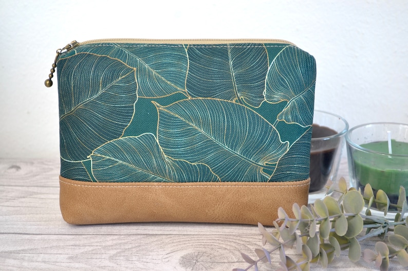 small cosmetic bag, travel case, leaf pattern, emerald green image 1