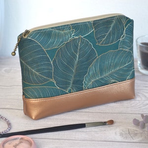 small cosmetic bag, travel case, leaf pattern, emerald green image 6