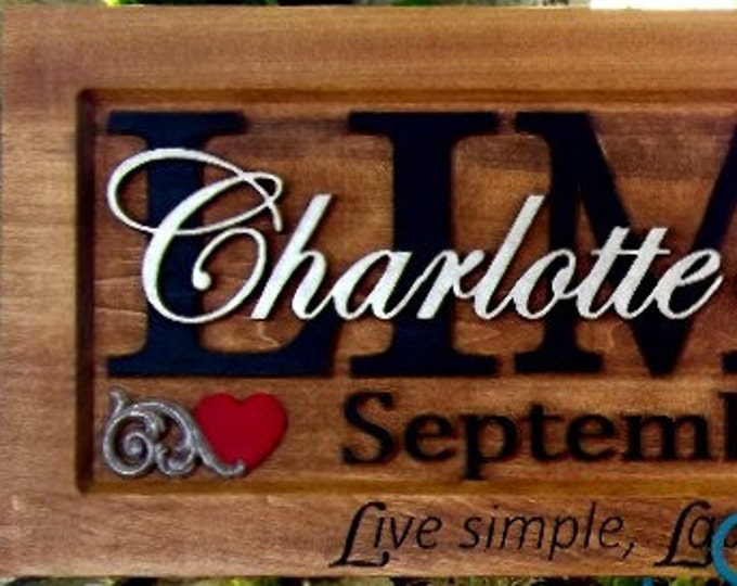 Live, Laugh, Love  Red hearts & filigree  Wedding gift Family Name Sign Last Name Custom CARVED Wooden Plaque Established Anniversary Est.