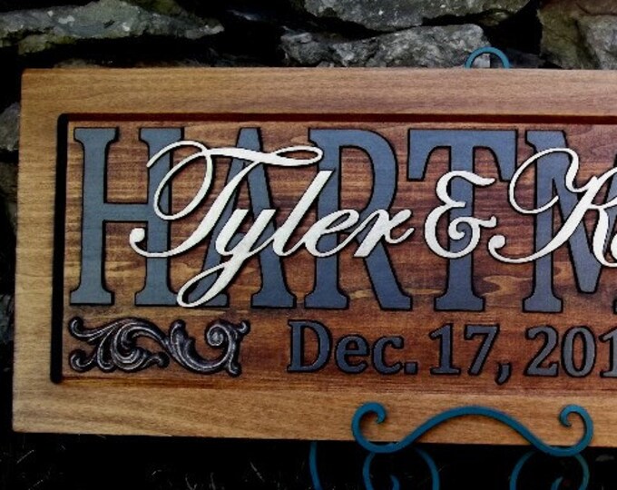 Rustic Chic Anniversary gift, Wedding plaque, GunMetal Surnames, Champagne Gold given names,  Personalized Carved  Plaque