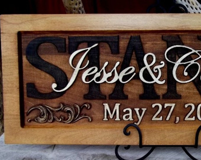 Rustic finish  Wedding gift Family Name Sign Last Name Personalized Custom CARVED Wooden Plaque Established Anniversary Est. Couples