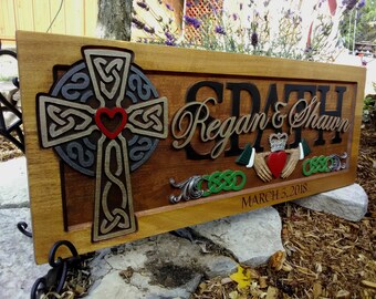 Celtic Cross  Irish Claddagh wedding anniversary gift carved wood