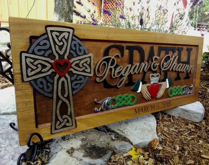 Celtic Cross  Irish Claddagh wedding anniversary gift carved wood