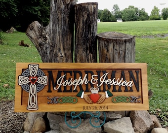 Celtic Cross  Irish Claddagh wedding anniversary gift carved wood