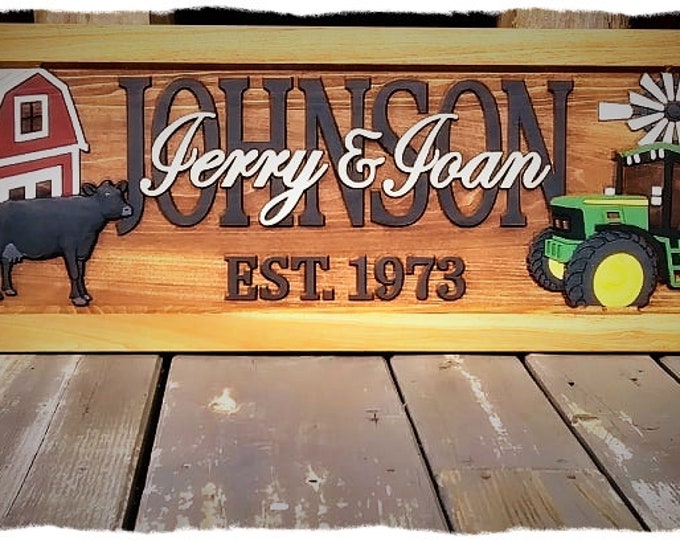 Farm Scene, Green tractor,  Anniversary gift,  Wedding gift,  Personalized Carved Wooden Plaque,  carved art