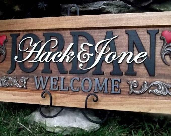 Family Welcome  Plaque  carved wood   painted lettering