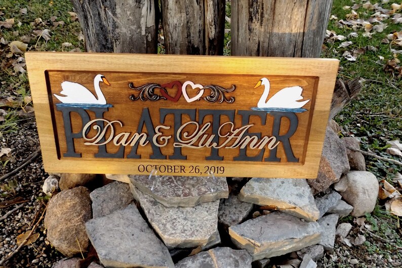 Swans and Hearts Wedding Anniversary Plaque carved wood painted lettering