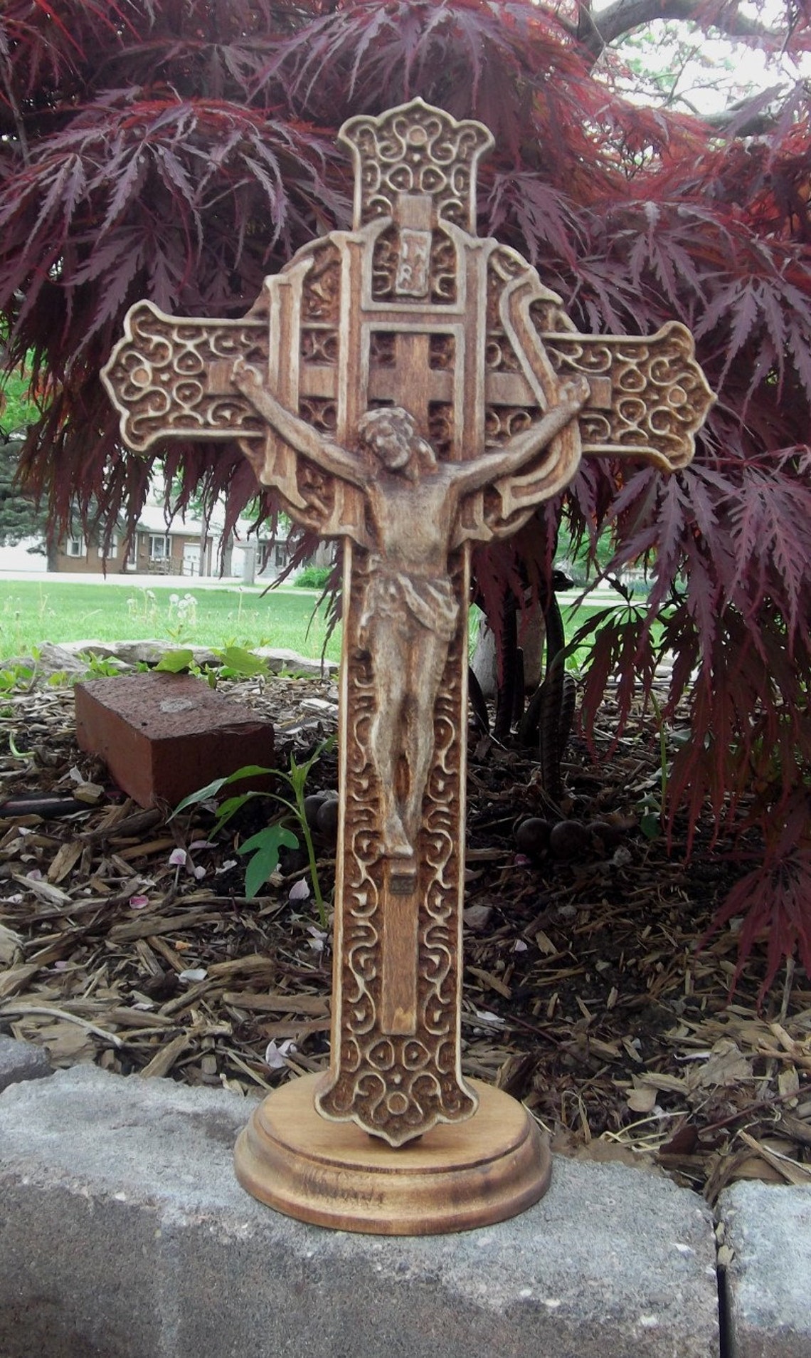 Carved Wooden Cross on Stand rustic Etsy