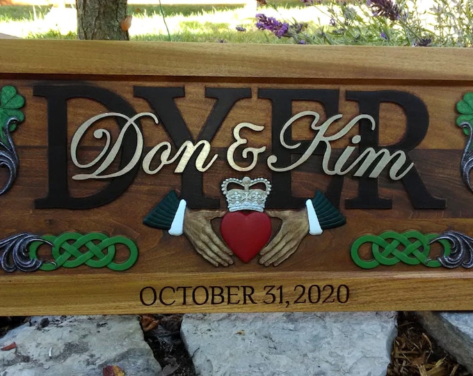 Irish Claddagh , Celtic knotts, clover accents, carved wood