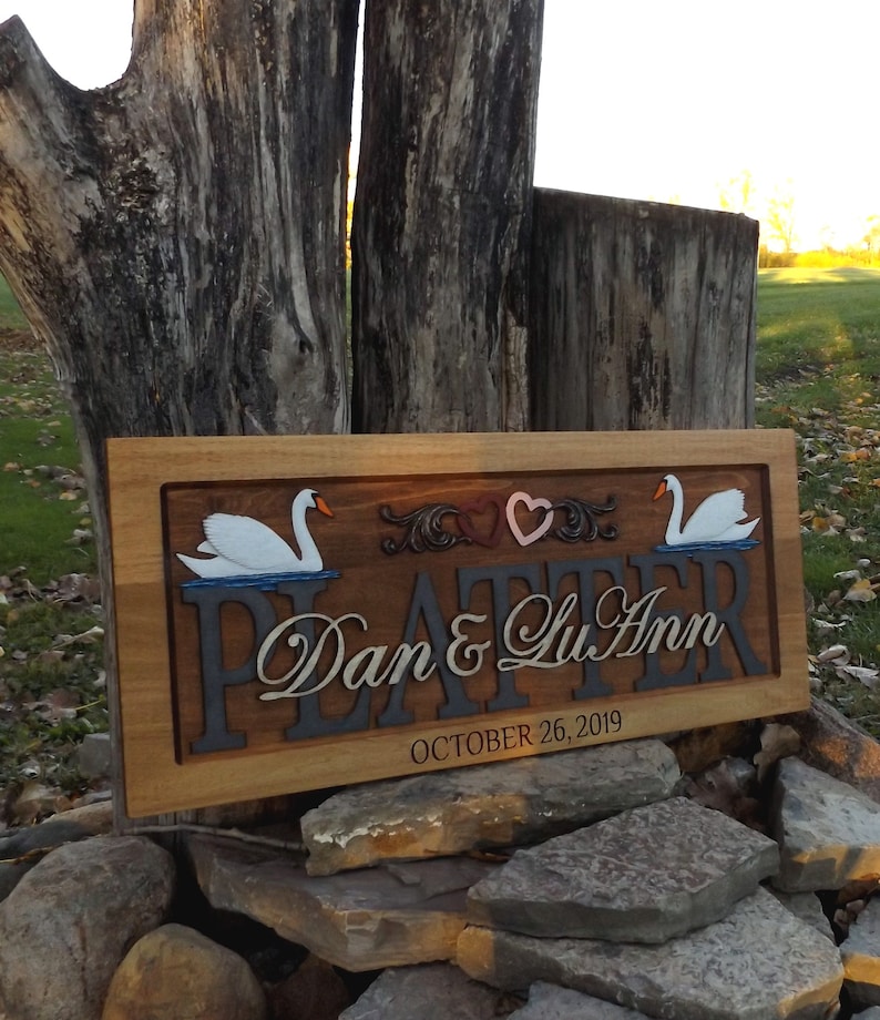 Swans and Hearts Wedding Anniversary Plaque carved wood painted lettering