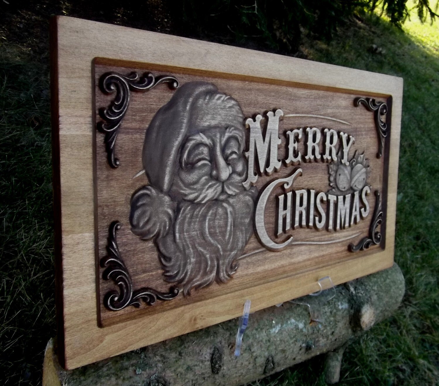 Merry Christmas Rustic Golden Mahogany Staincarved wood | Etsy
