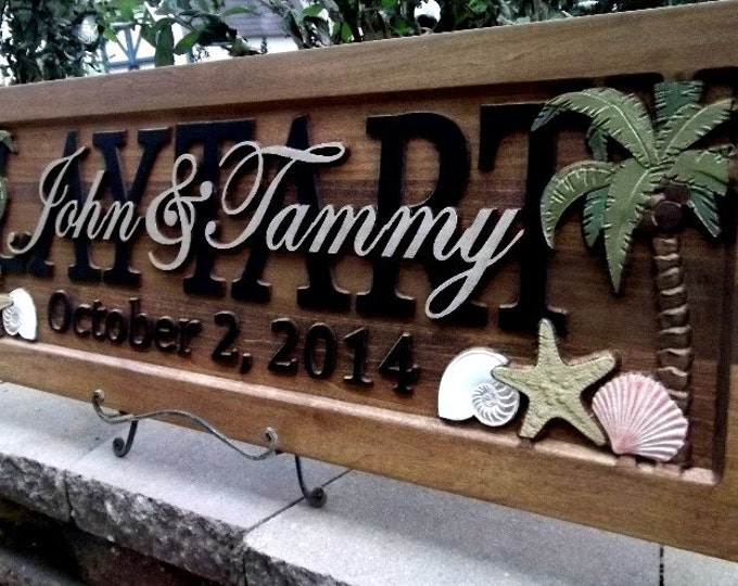 Palm Trees & Sea Shells  Anniversary gift  Wedding gift  Personalized Carved Wooden Plaque  carved art