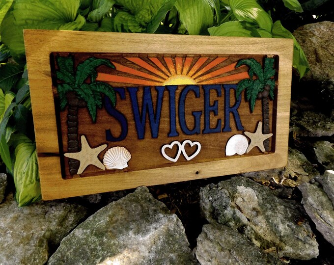 Palm Trees & Sea Shells  Personalized Carved Wooden Plaque  carved art
