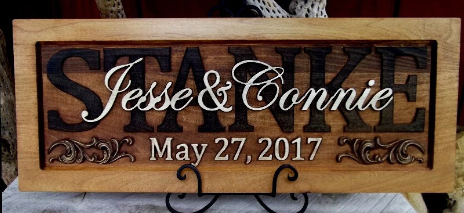 Rustic finish Wedding gift Family Name Sign Last Name Personalized Custom  CARVED Wooden Plaque Established Anniversary Est. Couples