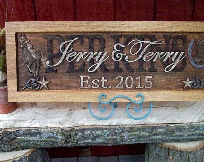 Rustic Western  Stars  Brushed silver scroll and horseshoe Wedding gift Family Name Sign Last Name  CARVED Wooden  Anniversary  Couples