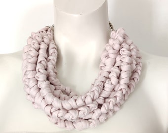 Multi strand bib knot fabric necklace, statement pale pink chunky choker necklace for women from recycled textile yarns