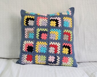 Ready to ship large granny square pillow cover 20x20 sustainable chunky knit pillow, geometric purples crochet throw cushion recycled cotton