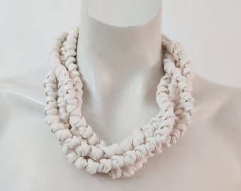 Cream white fabric bead necklace, linen white t-shirt jewelry, multi strand long cloth necklace sustainable gift for women