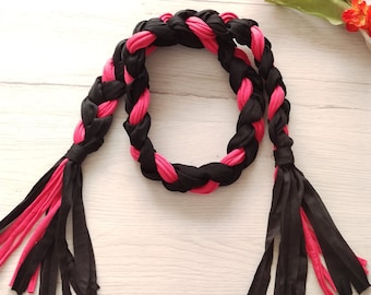 Black scarf necklace with fringe, hot pink braided collar, fabric necklace eco friendly gift for women for punk rock festival