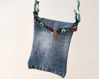 Denim pouch with shoulder strap, blue jeans crossbody phone case, recycled denim purse gift for girls